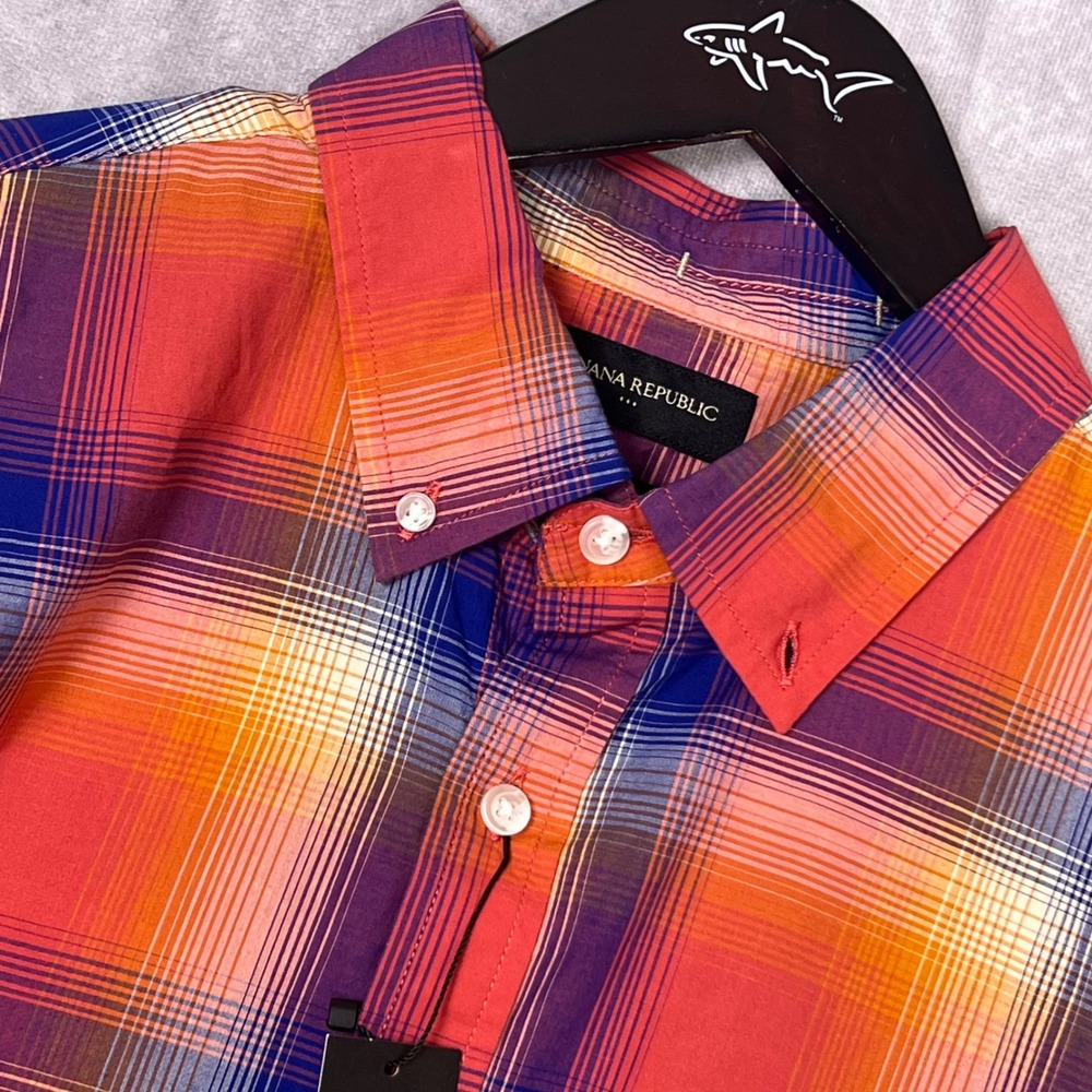Banana Republic Button Down Shirt Mens L Tall Orange Plaid New Organic Cotton